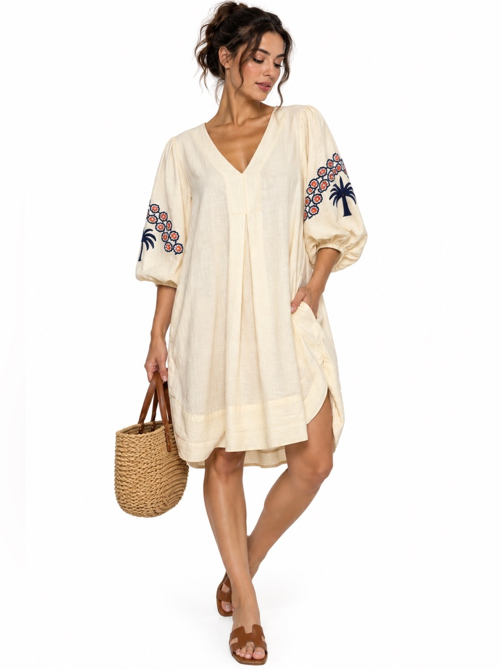 Halston Boho Linen Embroidered V Neck Tunic Dress Size Large